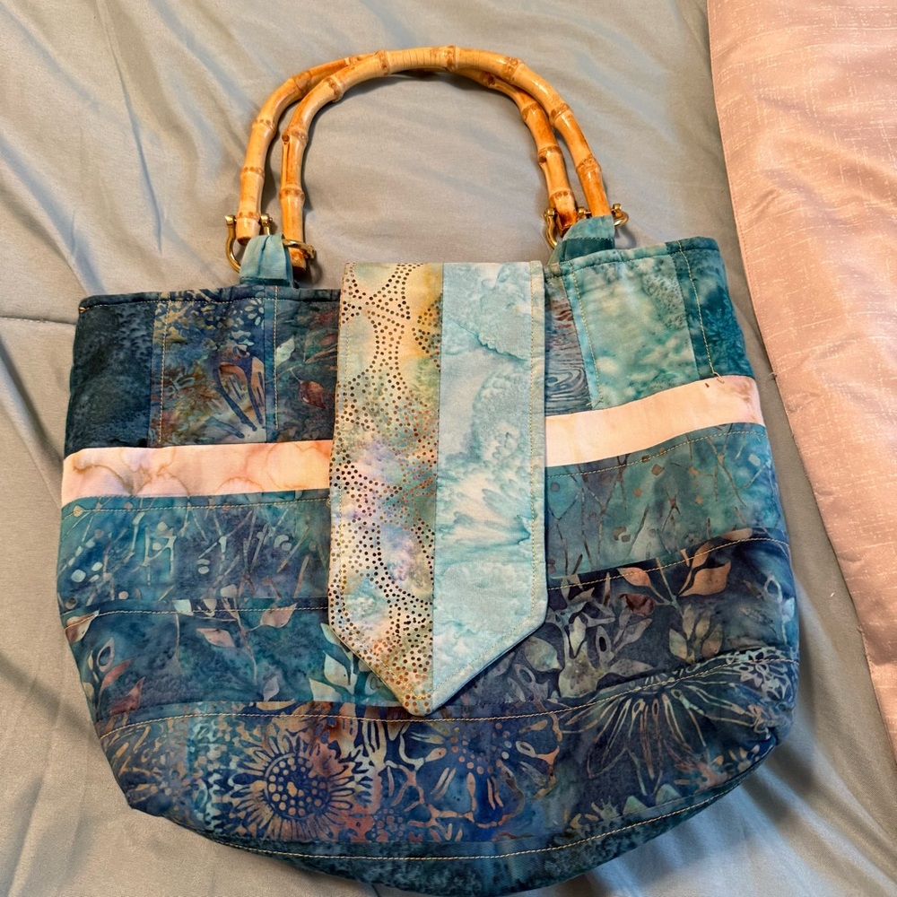 Coastal Blue Tote Bag with Bamboo Handles vacation cruise beach Hawaiian floral